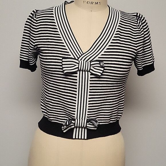 Threaded Leaf Short-Sleeve Striped Bow Cardigan Sweater Casual Wardrobe Size L - Picture 1 of 5
